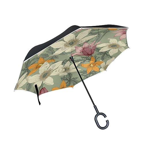Floral Bunt Retro Blume Invertierter Regenschirm UV-Schutz Winddichter Umbrella Invertiert Schirm Kompakt Umkehren Schirme für Auto Jungen Mädchen Reise Strand Frauen von KAAVIYO