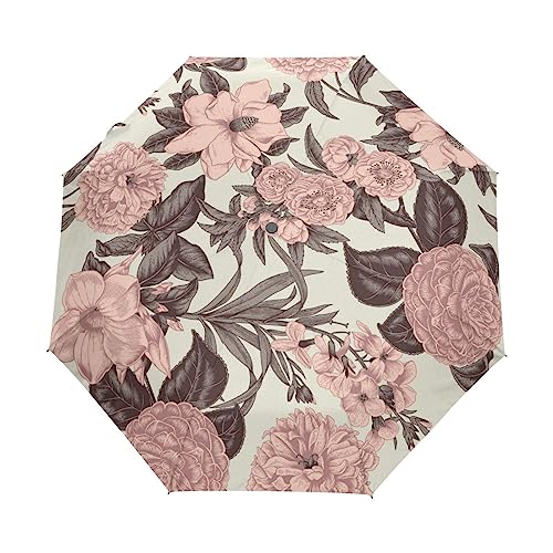 Floral Retro Blüte Hell Regenschirm Taschenschirm Auf-Zu Automatik Schirme Winddicht Leicht Kompakt UV-Schutz Reise Schirm für Jungen Mädchen Strand Frauen von KAAVIYO