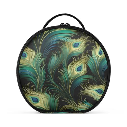 Grüne Pfauenfedern Reißverschluss Kulturbeutel Rund Kosmetiktasche Kreativ Make up Taschen mit Verstellbaren Trennern für Mädchen von KAAVIYO