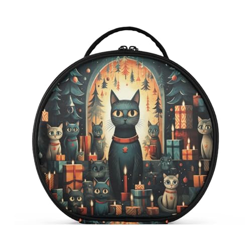 Halloween Katze Weihnachten Gruselig Reißverschluss Kulturbeutel Rund Kosmetiktasche Kreativ Make up Taschen mit Verstellbaren Trennern für Mädchen von KAAVIYO