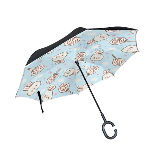 Hasenliebe Cartoon Invertierter Regenschirm UV-Schutz Winddichter Umbrella Invertiert Schirm Kompakt Umkehren Schirme für Auto Jungen Mädchen Reise Strand Frauen von KAAVIYO