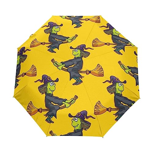 Hexen-Halloween-Besen-Cartoon Regenschirm Taschenschirm Auf-Zu Automatik Schirme Winddicht Leicht Kompakt UV-Schutz Reise Schirm für Jungen Mädchen Strand Frauen von KAAVIYO