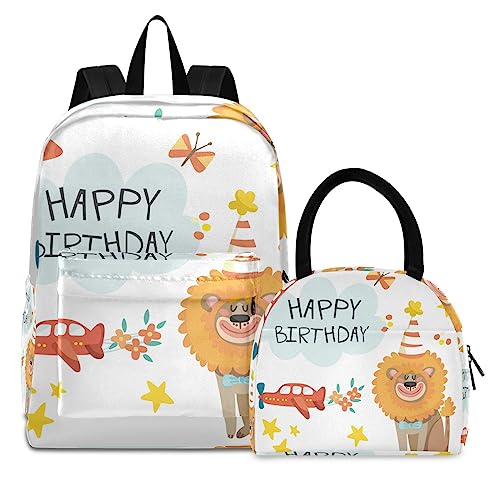 KAAVIYO Alles Gute Zum Geburtstag Flugzeuglöwe Büchertasche Lunchpaket Set Schulter Rucksacks Bookbag Kinderrucksack Isolierte Lunchbox-Tasche für Mädchen Jungs von KAAVIYO