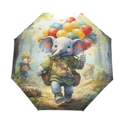 KAAVIYO Aquarell Ballon Wald Elefant Regenschirm Taschenschirm Auf-Zu Automatik Schirme Leicht UV-Schutz für Reise Jungen Mädchen Strand von KAAVIYO