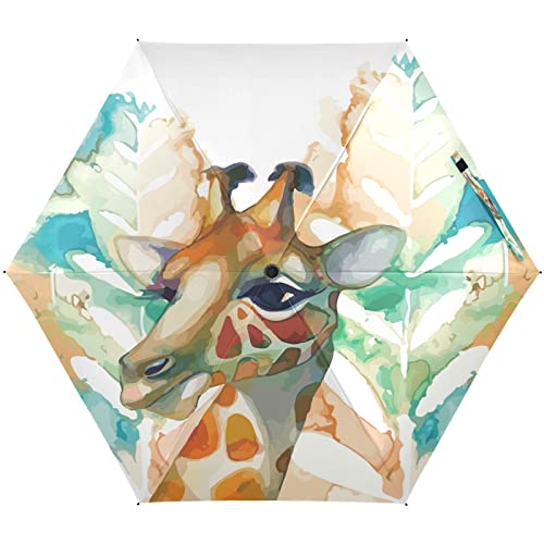 KAAVIYO Aquarell Hirsch Giraffe Kunst Regenschirm UV-Schutz Taschenschirm Umbrella Klein Leicht Schirm Kompakt Schirme für Mädchen Reise Strand Frauen von KAAVIYO