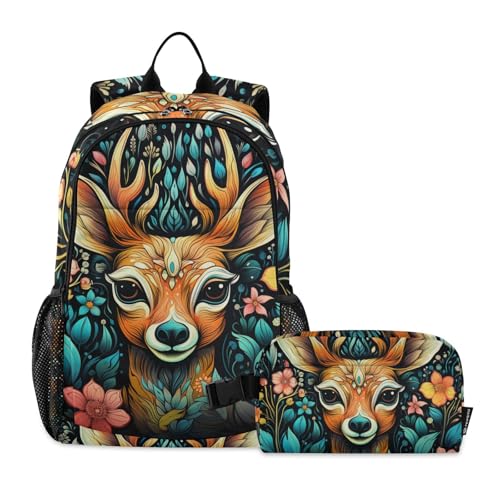 KAAVIYO Blumenmuster Hirsch Schulter Rucksacks Bookbag Kinderrucksack Isolierte Lunchbox-Tasche Mittagessen Tasche für Reise Kinder KAAVIYO Blumenmuster Hirsch Schulter Rucksacks Bookbag Kinderrucksack Isolierte Lunchbox-Tasche Mittagessen Tasche für Reise Kinder von KAAVIYO