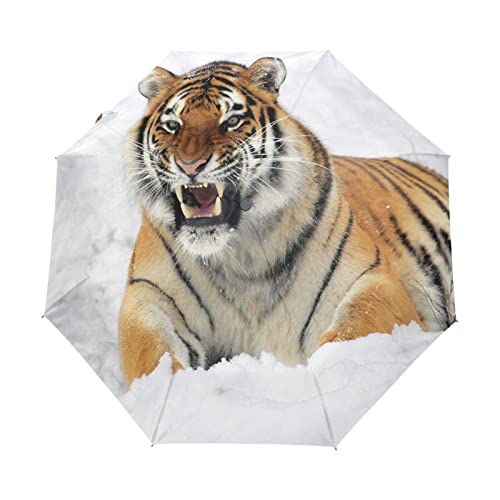 KAAVIYO Brüllen Tier Tiger Schnee Regenschirm Taschenschirm Auf-Zu Automatik Schirme Winddicht Leicht Kompakt UV-Schutz Reise Schirm für Jungen Mädchen Strand Frauen von KAAVIYO