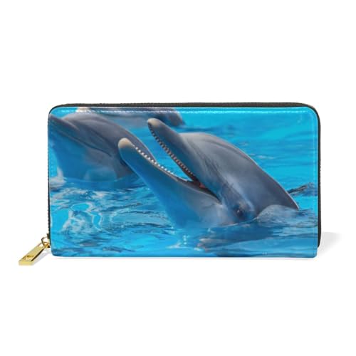 KAAVIYO Delphin Süßes Bild Wasser Leder Brieftasche Reißverschluss Geldbörse Telefon Kreditkartenetui Portemonnaie Wallet für Frauen Mädchen Männer von KAAVIYO