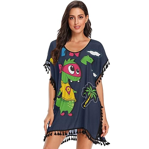 KAAVIYO Dinosaur Ninja Schwarz Süß Chiffon Bademode Strand Vertuschen Damen Strandkleid Bikini Sommer Cover Up von KAAVIYO