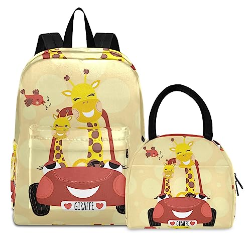 Giraffenherzauto Büchertasche Lunchpaket Set Schulter Rucksacks Bookbag Kinderrucksack Isolierte Lunchbox-Tasche für Mädchen Jungs von KAAVIYO