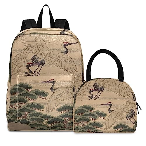 Grauer Kranich Kunst Büchertasche Lunchpaket Set Schulter Rucksacks Bookbag Kinderrucksack Isolierte Lunchbox-Tasche für Mädchen Jungs von KAAVIYO