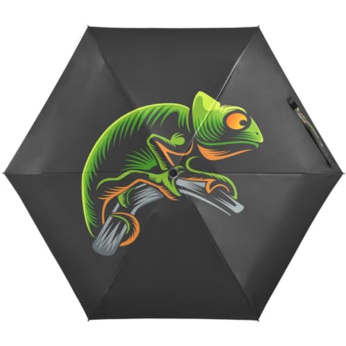 KAAVIYO Grünes Chamäleon Schwarz Regenschirm UV-Schutz Taschenschirm Umbrella Klein Leicht Schirm Kompakt Schirme für Mädchen Reise Strand Frauen von KAAVIYO