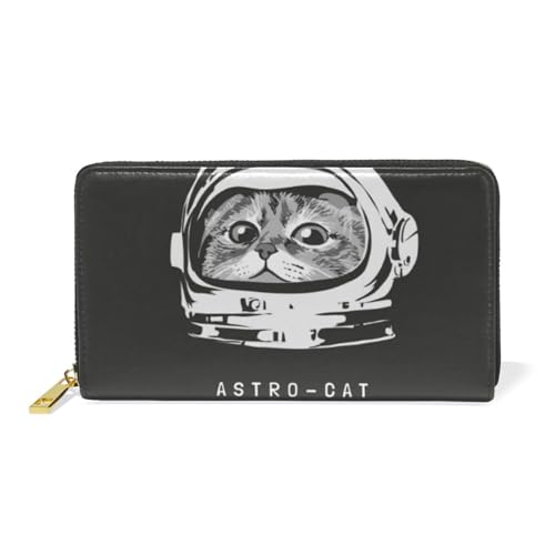 KAAVIYO Katze Astronaut Weltraum Süß Leder Brieftasche Reißverschluss Geldbörse Telefon Kreditkartenetui Portemonnaie Wallet für Frauen Mädchen Männer von KAAVIYO