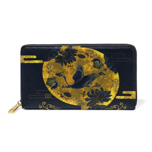 KAAVIYO Kranich Vogel Sonne Floral Japanisch Leder Brieftasche Reißverschluss Geldbörse Telefon Kreditkartenetui Portemonnaie Wallet für Frauen Mädchen Männer von KAAVIYO