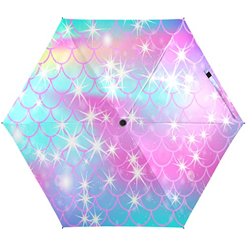 KAAVIYO Regenbogenfisch Schuppige Meerjungfrau Regenschirm UV-Schutz Taschenschirm Umbrella Klein Leicht Schirm Kompakt Schirme für Mädchen Reise Strand Frauen von KAAVIYO
