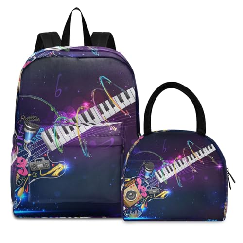 KAAVIYO Rock-Piano-Gitarre Büchertasche Lunchpaket Set Schulter Rucksacks Bookbag Kinderrucksack Isolierte Lunchbox-Tasche für Mädchen Jungs von KAAVIYO