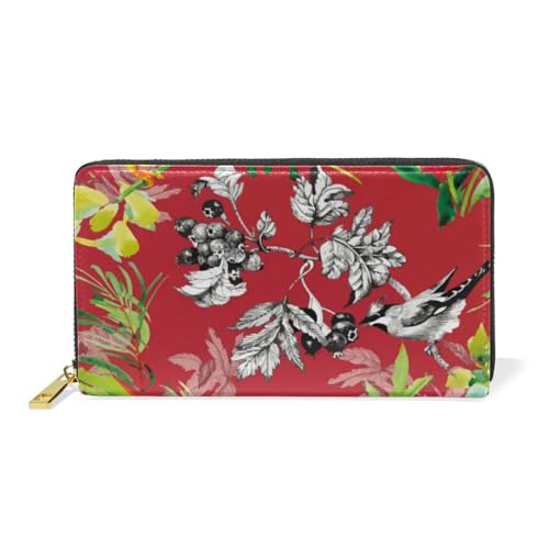 KAAVIYO Roter Aquarellblumenvogel Leder Brieftasche Reißverschluss Geldbörse Telefon Kreditkartenetui Portemonnaie Wallet für Frauen Mädchen Männer von KAAVIYO