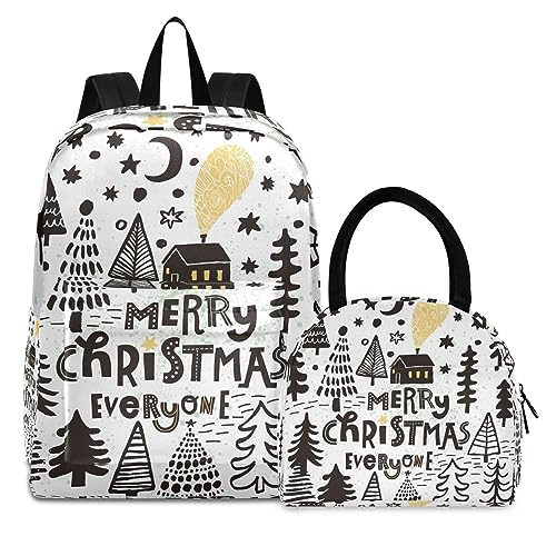KAAVIYO Schwarze Weihnachtsschneebäume Büchertasche Lunchpaket Set Schulter Rucksacks Bookbag Kinderrucksack Isolierte Lunchbox-Tasche für Mädchen Jungs von KAAVIYO