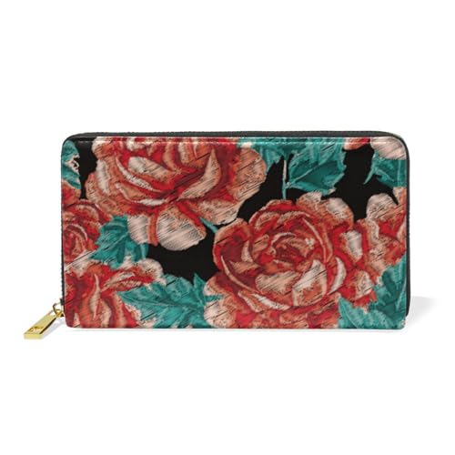 KAAVIYO Vintage Blume Rose Rot Leder Brieftasche Reißverschluss Geldbörse Telefon Kreditkartenetui Portemonnaie Wallet für Frauen Mädchen Männer von KAAVIYO