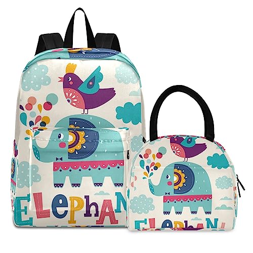 KAAVIYO Zeichentrick-Elefantenvogel Büchertasche Lunchpaket Set Schulter Rucksacks Bookbag Kinderrucksack Isolierte Lunchbox-Tasche für Mädchen Jungs von KAAVIYO