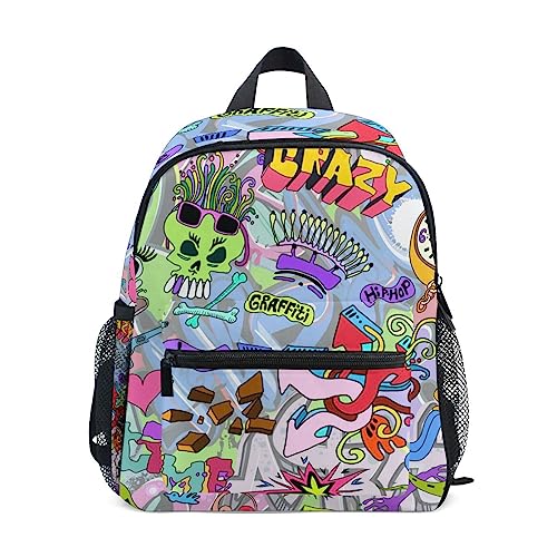 Kunst-Hip-Hop-Schädel-Cartoon Kleinkind Rucksack Kinder Leichtgewicht Büchertasche Vorschule Schülerrucksack für 2-7 Jahre die Reise Mädchen Jungs von KAAVIYO