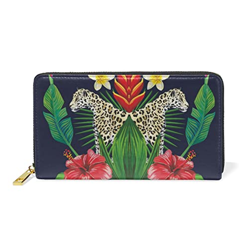 Leopardenblume Spiegelblau Reißverschluss Brieftasche Echtes Leder Geldbörse Kreditkarteninhaber für Frauen Telefon Mädchen Männer von KAAVIYO
