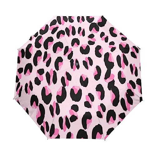 KAAVIYO Rosa Leopardenmuster Regenschirm Taschenschirm Automatik Schirm Winddicht Leicht Kompakt UV-Schutz Reise Schirm für Jungen Mädchen Strand Frauen von KAAVIYO