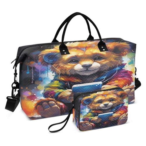Löwe, Bunte Aquarellkunst Sporttasche Handtasche mit Make-up Aufbewahrungstasche Badetasche für Reisen Mädchen Männer von KAAVIYO
