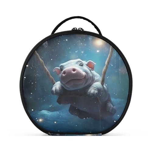 Nilpferd Blaue Weltraumkunst Reißverschluss Kulturbeutel Rund Kosmetiktasche Kreativ Make up Taschen mit Verstellbaren Trennern für Mädchen von KAAVIYO