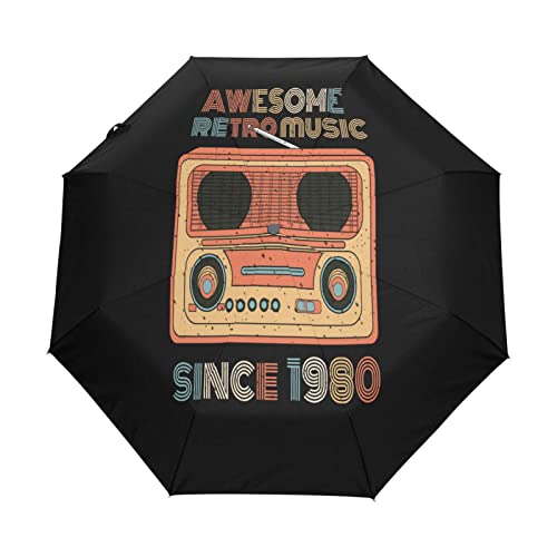 Retro Musik Radio Cartoon Regenschirm Taschenschirm Auf-Zu Automatik Schirme Winddicht Leicht Kompakt UV-Schutz Reise Schirm für Jungen Mädchen Strand Frauen von KAAVIYO