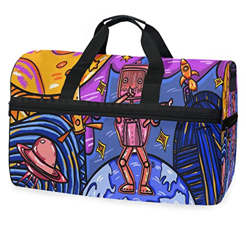 Roboter Cartoon Weltraumplanet Sporttasche Badetasche mit Schuhfach Reisetaschen Handtasche für Reisen Frauen Mädchen Männer von KAAVIYO