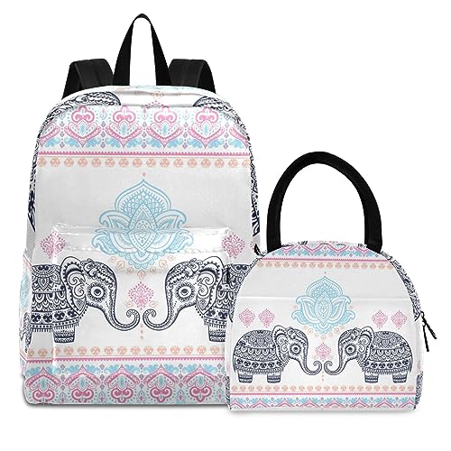 Rosa Blumenelefant Büchertasche Lunchpaket Set Schulter Rucksacks Bookbag Kinderrucksack Isolierte Lunchbox-Tasche für Mädchen Jungs von KAAVIYO