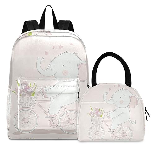 Rosa Schöner Elefant Büchertasche Lunchpaket Set Schulter Rucksacks Bookbag Kinderrucksack Isolierte Lunchbox-Tasche für Mädchen Jungs von KAAVIYO