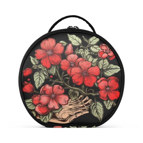 Rote Jasminblüte Schwarz Reißverschluss Kulturbeutel Rund Kosmetiktasche Kreativ Make up Taschen mit Verstellbaren Trennern für Mädchen von KAAVIYO