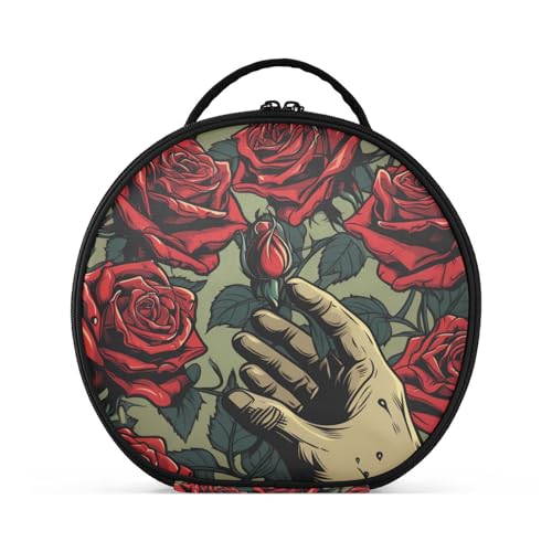 Rote Rose Dunkle Hände Reißverschluss Kulturbeutel Rund Kosmetiktasche Kreativ Make up Taschen mit Verstellbaren Trennern für Mädchen von KAAVIYO