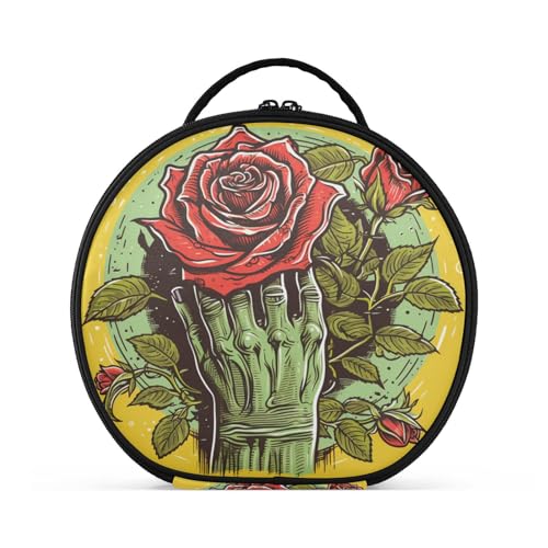 Rote Rose Grüne Handkunst Reißverschluss Kulturbeutel Rund Kosmetiktasche Kreativ Make up Taschen mit Verstellbaren Trennern für Mädchen von KAAVIYO