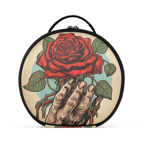 Rote Rose Handkunst Reißverschluss Kulturbeutel Rund Kosmetiktasche Kreativ Make up Taschen mit Verstellbaren Trennern für Mädchen von KAAVIYO