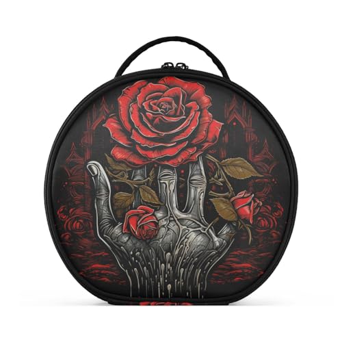Rote Rose Silber Hand Reißverschluss Kulturbeutel Rund Kosmetiktasche Kreativ Make up Taschen mit Verstellbaren Trennern für Mädchen von KAAVIYO
