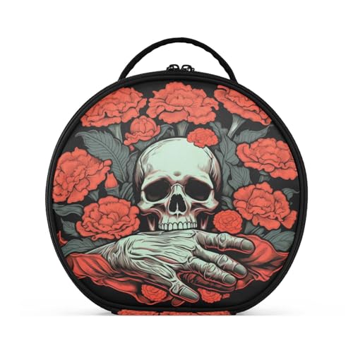 Rote Rose Totenkopf Handkunst Reißverschluss Kulturbeutel Rund Kosmetiktasche Kreativ Make up Taschen mit Verstellbaren Trennern für Mädchen von KAAVIYO