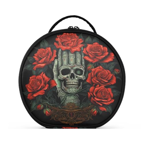 Rote Rose Totenkopf Handkunst Reißverschluss Kulturbeutel Rund Kosmetiktasche Kreativ Make up Taschen mit Verstellbaren Trennern für Mädchen von KAAVIYO