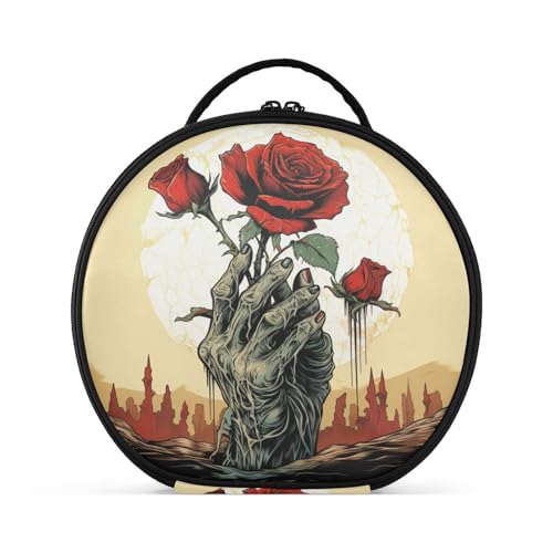 Rote Rosenhand Halloween Reißverschluss Kulturbeutel Rund Kosmetiktasche Kreativ Make up Taschen mit Verstellbaren Trennern für Mädchen von KAAVIYO