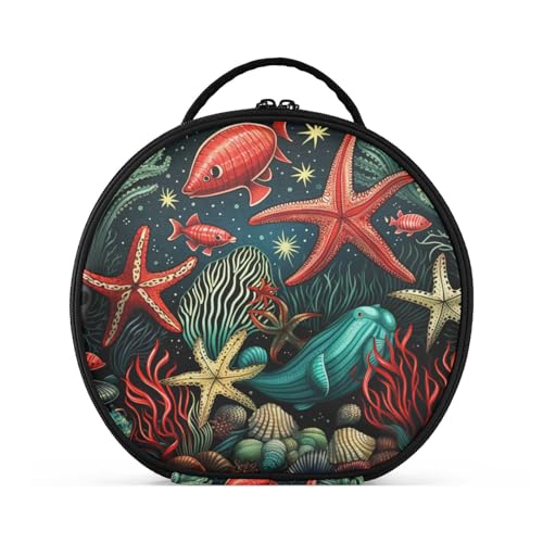 Roter Fisch Seestern Meerestiere Reißverschluss Kulturbeutel Rund Kosmetiktasche Kreativ Make up Taschen mit Verstellbaren Trennern für Mädchen Roter Fisch Seestern Meerestiere Reißverschluss Kulturbeutel Rund Kosmetiktasche Kreativ Make up Taschen mit Verstellbaren Trennern für Mädchen von KAAVIYO