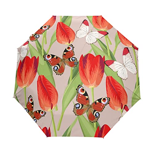 Roter Schmetterling Weiß Regenschirm Automatik Auf-Zu Taschenschirm Umbrella Kompakt Schirme für Jungen Mädchen Strand Frauen von KAAVIYO