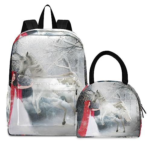 Rotes Schönheitspferd Einhorn Büchertasche Lunchpaket Set Schulter Rucksacks Bookbag Kinderrucksack Isolierte Lunchbox-Tasche für Mädchen Jungs von KAAVIYO