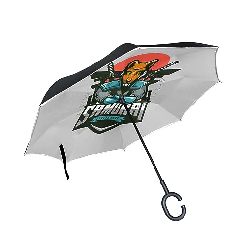 Samurai Fuchs Krieger Spiel Invertierter Regenschirm UV-Schutz Winddichter Umbrella Invertiert Schirm Kompakt Umkehren Schirme für Auto Jungen Mädchen Reise Strand Frauen von KAAVIYO