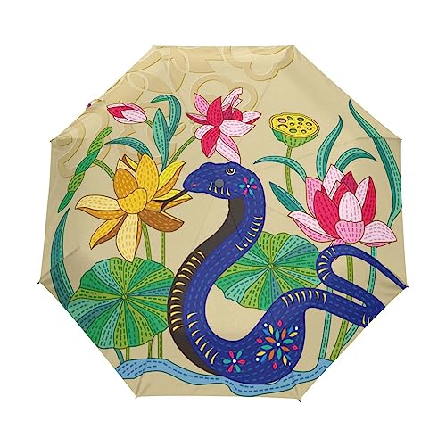 Schlange Lotusblatt Blume Regenschirm Taschenschirm Auf-Zu Automatik Schirme Winddicht Leicht Kompakt UV-Schutz Reise Schirm für Jungen Mädchen Strand Frauen von KAAVIYO
