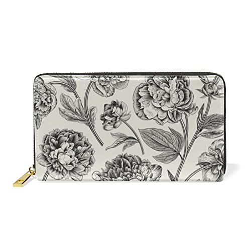 Schwarze Blume Retro Weiß Leder Brieftasche Reißverschluss Geldbörse Telefon Kreditkartenetui Portemonnaie Wallet für Frauen Mädchen Männer von KAAVIYO