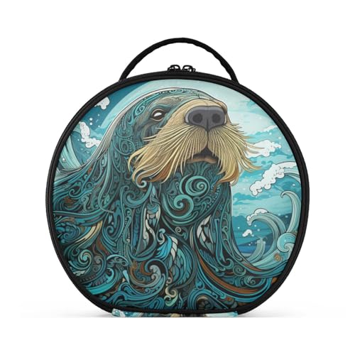 Seewalross Kunst Reißverschluss Kulturbeutel Rund Kosmetiktasche Kreativ Make up Taschen mit Verstellbaren Trennern für Mädchen von KAAVIYO