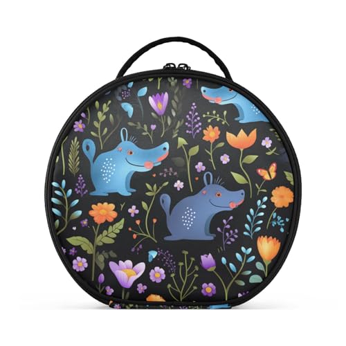 Sich Wiederholendes Muster Nilpferd Reißverschluss Kulturbeutel Rund Kosmetiktasche Kreativ Make up Taschen mit Verstellbaren Trennern für Mädchen von KAAVIYO