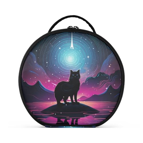 Sternenlicht-Katzenkunst Reißverschluss Kulturbeutel Rund Kosmetiktasche Kreativ Make up Taschen mit Verstellbaren Trennern für Mädchen von KAAVIYO